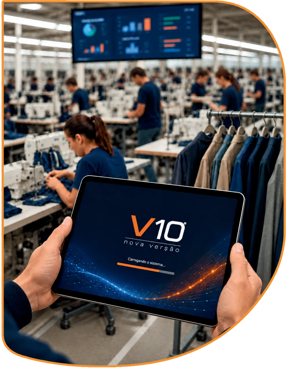 Gestora acompanhando a produção da confecção no tablet com o Organiza V10